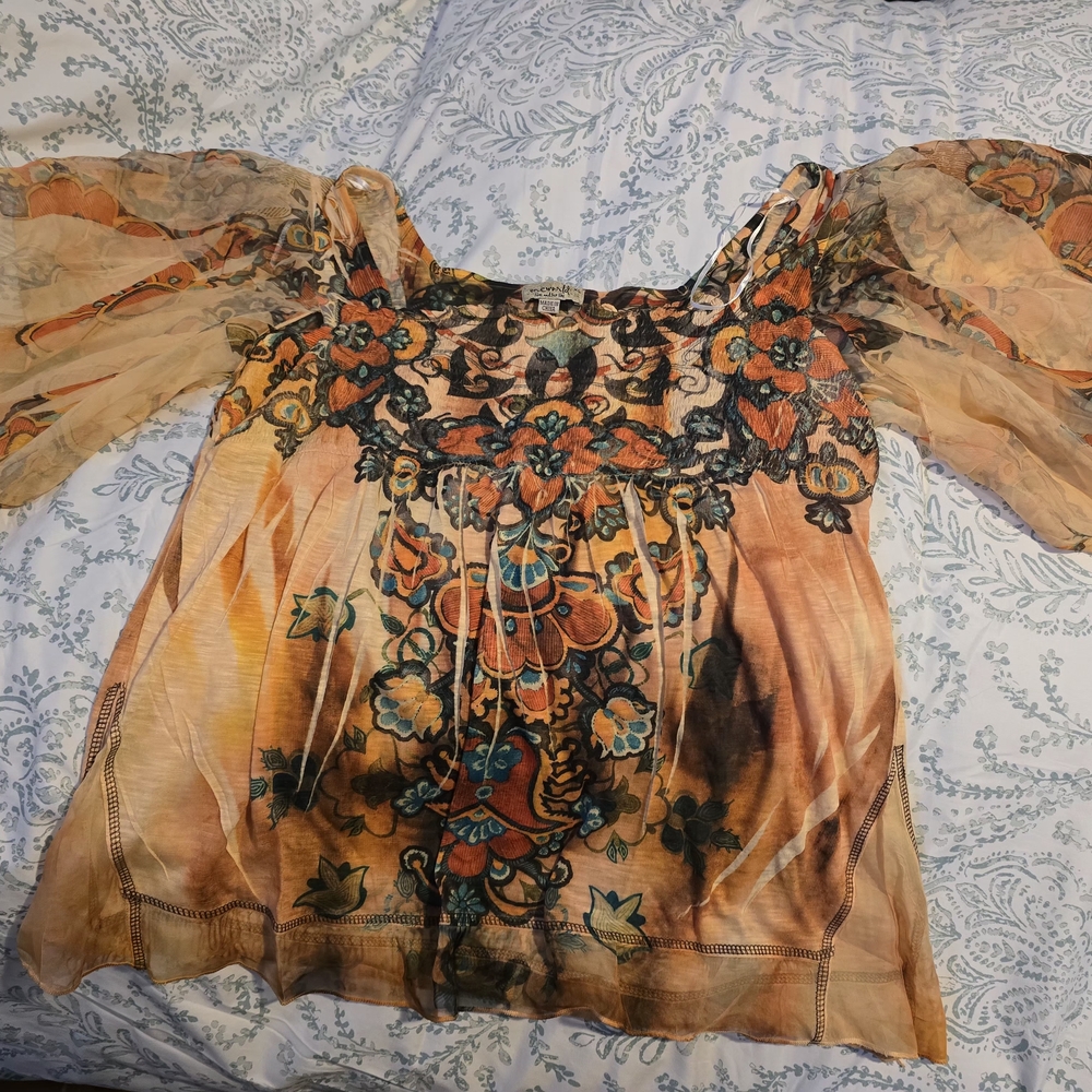 ONE WORLD Floral Embroidered Blouse - Orange and Black